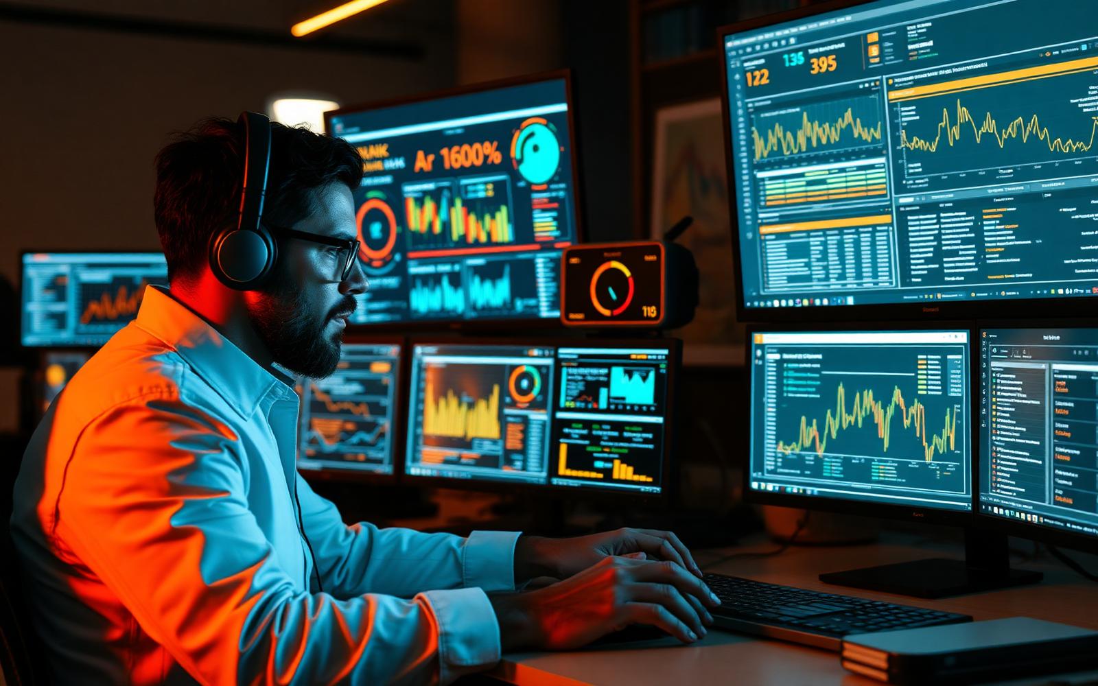 Analista trabajando con múltiples dashboards de datos